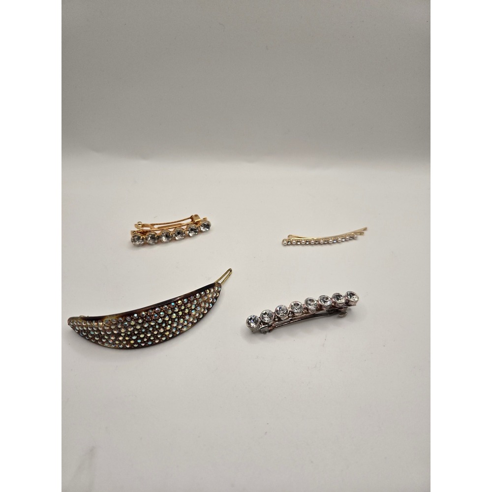 Vintage Style Rhinestone Crystal Hair Barrette Bobby Pin Lot 4pc Gold Silver